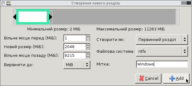 Setting the options for Windows partition