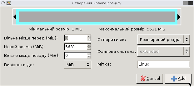 Setting the options for Extended partition