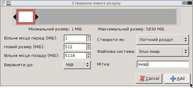 Setting the options for Linux swap partition