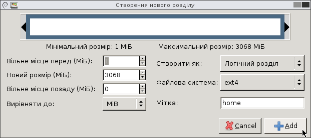 Setting the options for Linux home partition