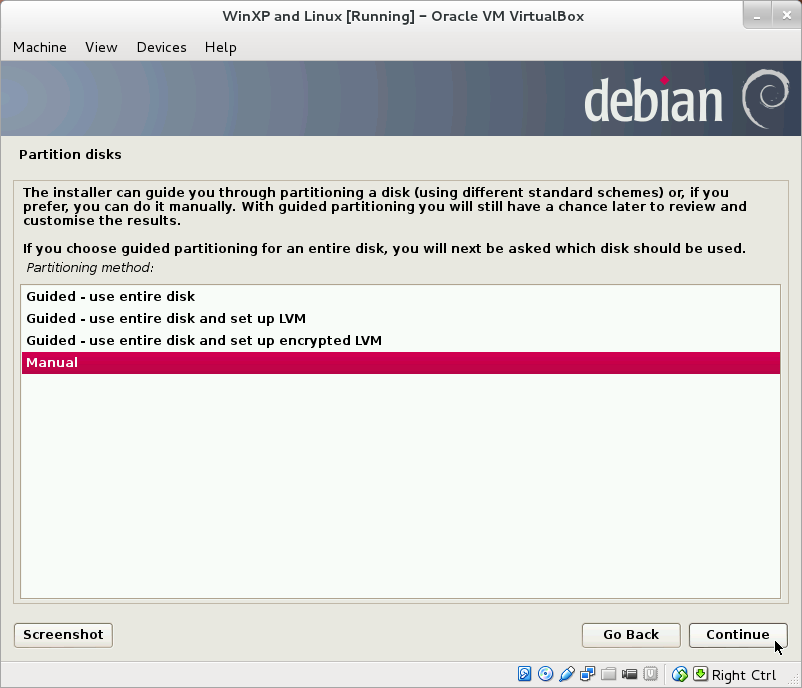 Selecting manual option for disk partitioning