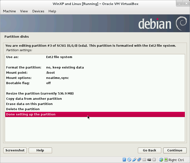 Setting the options for Linux boot partition