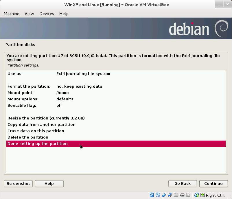Setting the options for Linux home partition