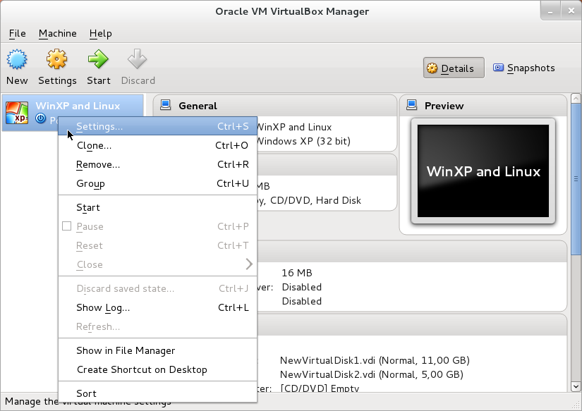 virtual machine context menu