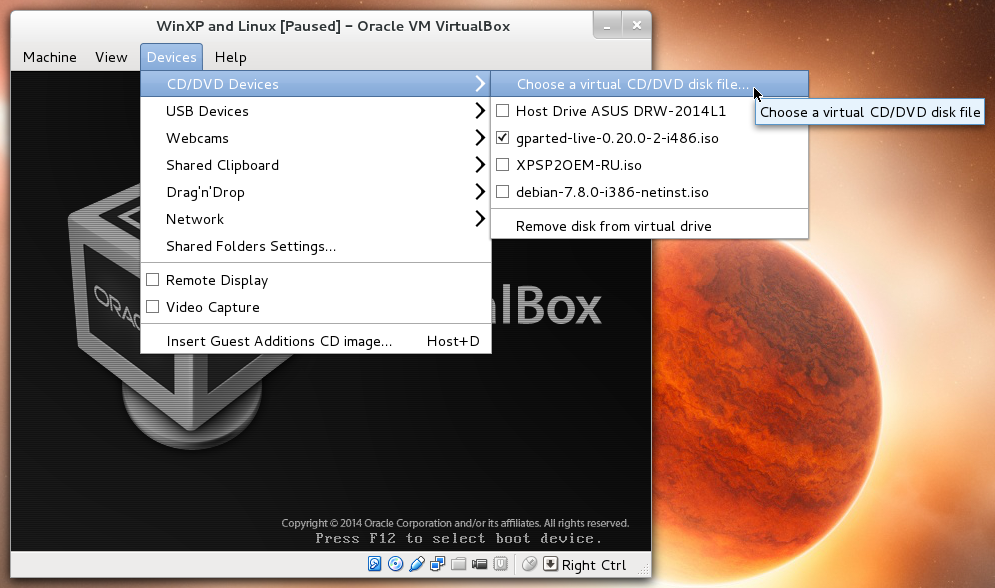 VirtualBox Devices menu