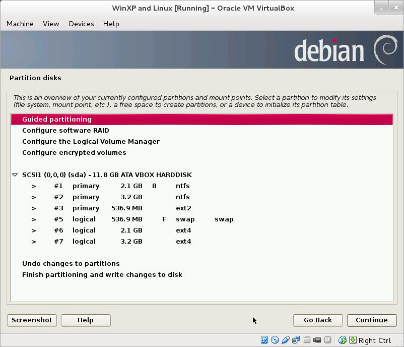 Partition table in Debian installer
