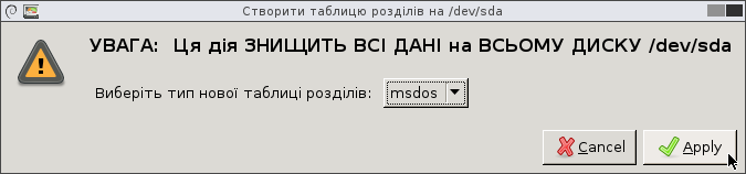 Parameters of the new partition table