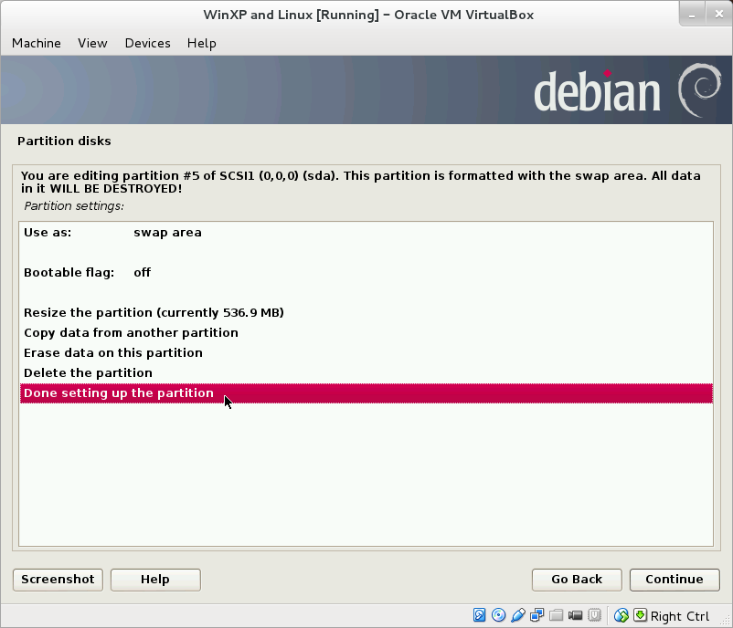 Specifying options for Linux swap partition