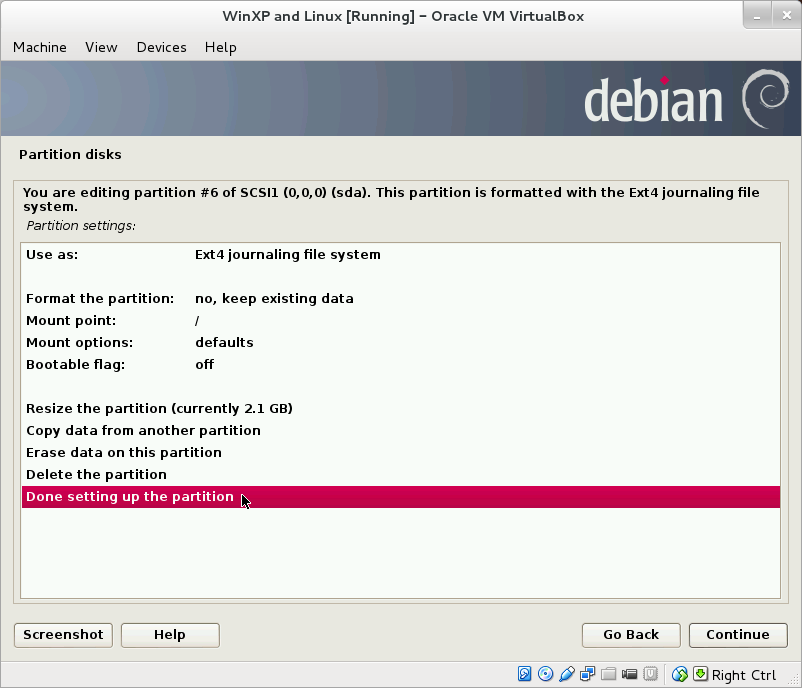 Setting the options for Linux root partition